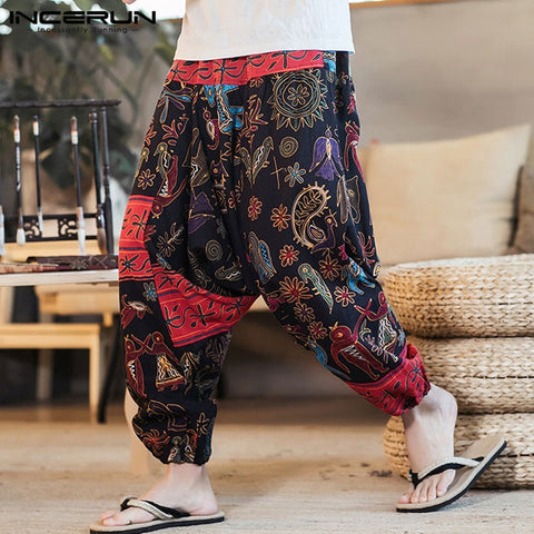 INCERUN 2020 Men Harem Pants Print Retro Drop Crotch Joggers Cotton Trousers Men Baggy Loose Nepal Style Men Casual Pants S-5XL