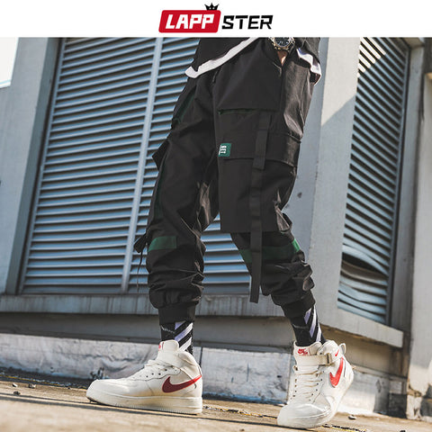 LAPPSTER Men Ribbons Streetwear Cargo Pants 2020 Autumn Hip Hop Joggers Pants Overalls Black Fashions Baggy Pockets Trousers